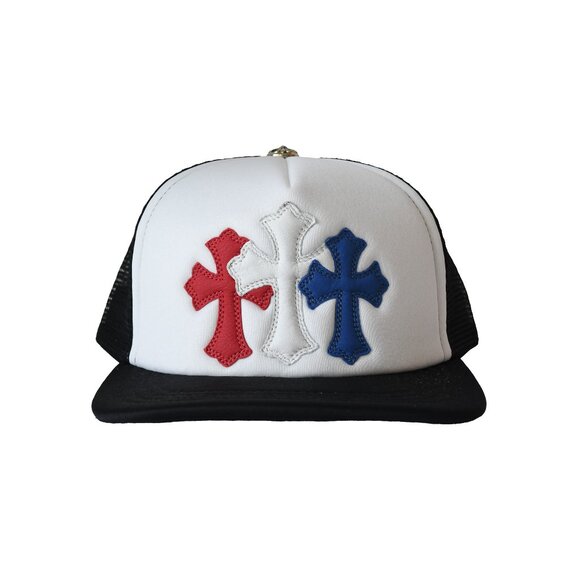 Chrome Hearts Red White Blue Triple Cross Trucker Hat Black - Picture 1 of 3